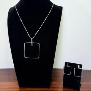 1946 Modernist Silver Tone Square Pendant Necklace and Earrings Jewelry Set